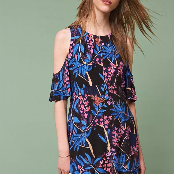Anthropologie Maeve Elia Open Shoulder Navy Blue Floral Ruffle Sleeve Mini Dress - Picture 14 of 16